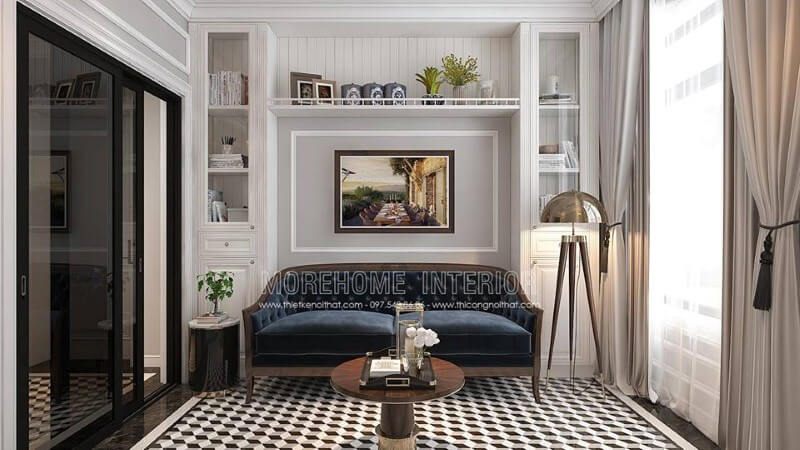 Ghế sofa được sắp xếp hợp lý cùng với kệ trang trí giúp không gian trở nên thoáng mát nhưng vẫn tạo được sự độc đáo và ấn tượng cho phòng đọc sách.