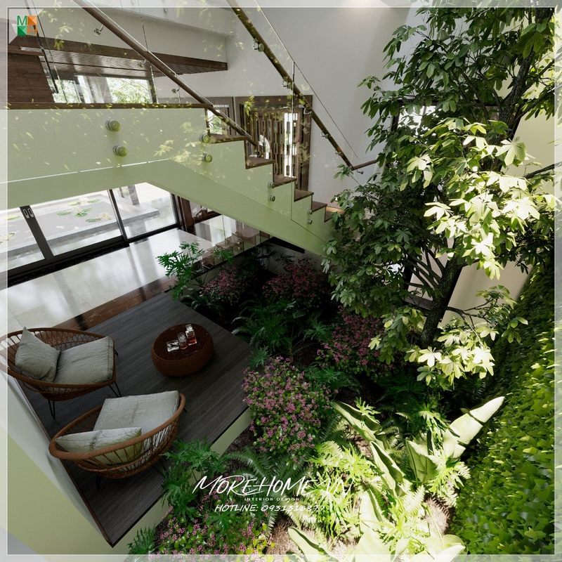 của cây cảnh, hoa lá. Việc thi công nội thất cho nhà phố, biệt thự hiện đại có không gian xanh mát của cây cảnh và hoa lá là nơi lý tưởng để thư giãn, nói chuyện với người thân, bạn bè, nhâm nhi ly trà và tận hưởng bầu không khí trong lành mát mẻ của cây cảnh, hoa lá.